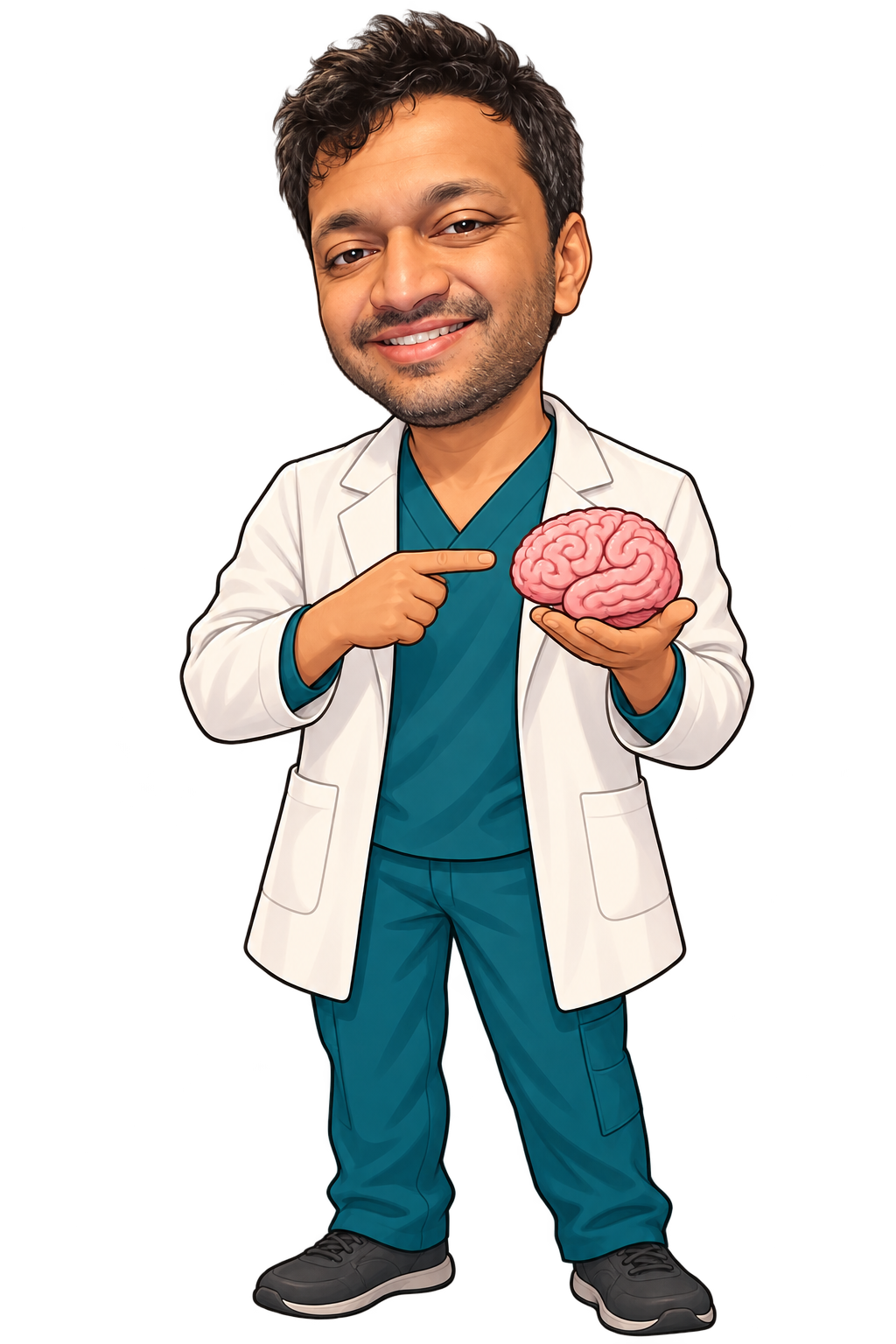 Chibi illustration of Dr. Vyas holding a brain model