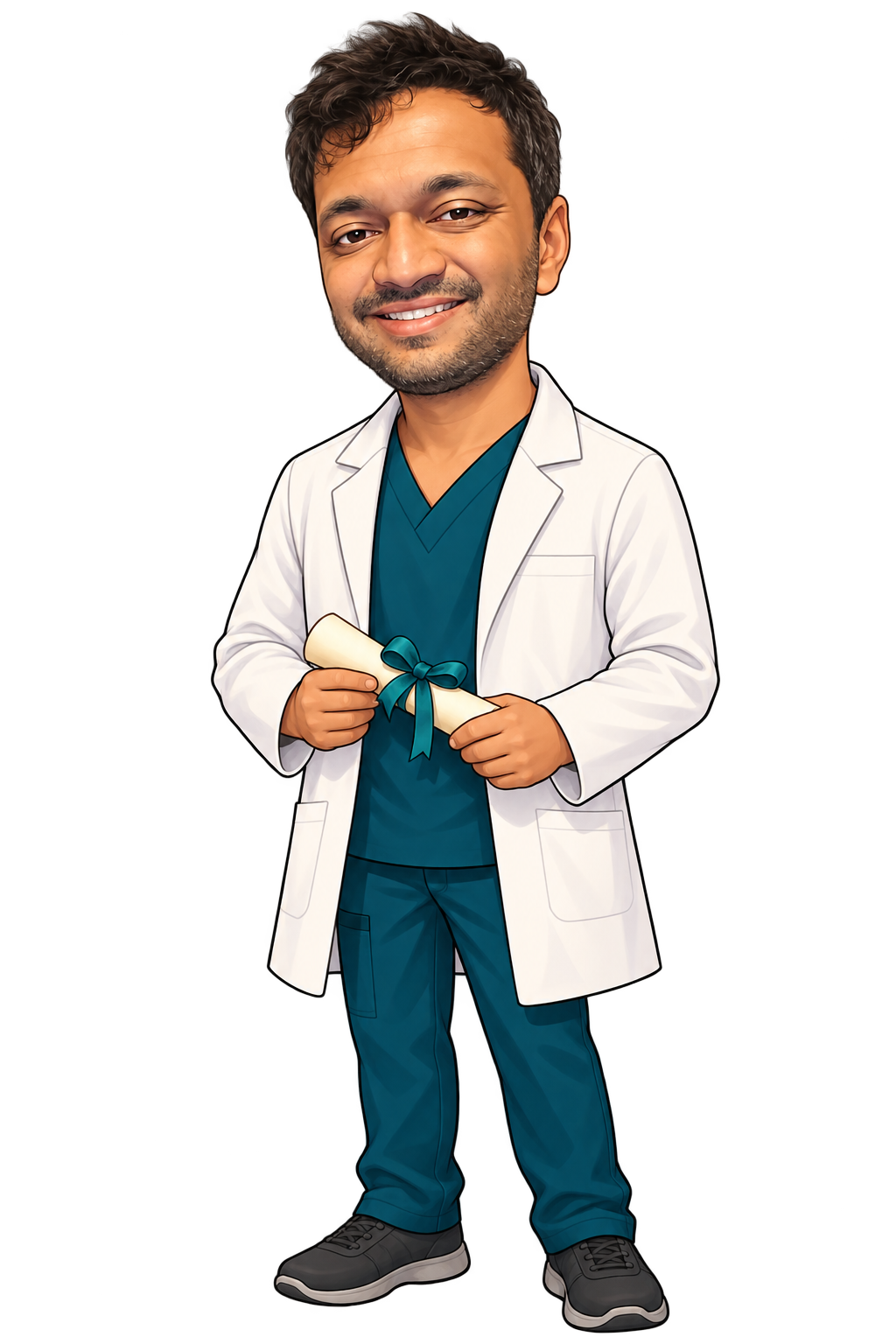 Chibi illustration of Dr. Vyas holding a diploma