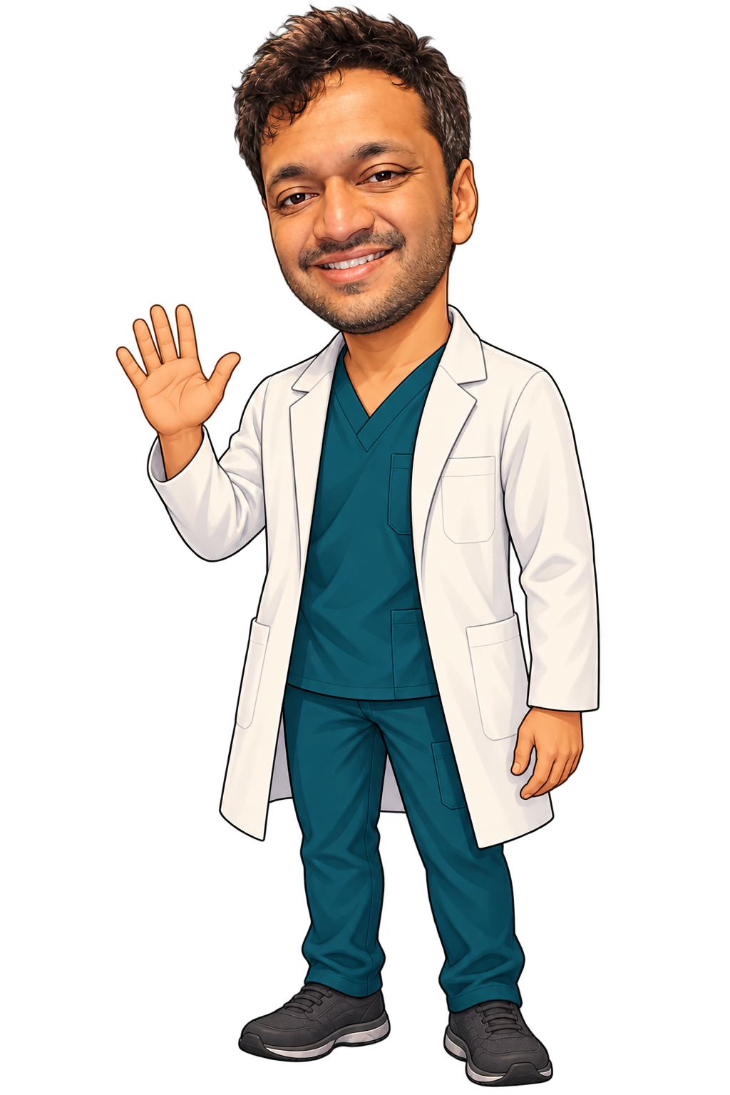 Chibi illustration of Dr. Shashin Vyas welcoming visitors