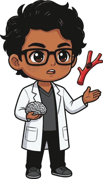 Illustration of Dr. Shashin Vyas showing a blocked blood vessel and a brain