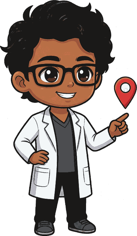 Illustration of Dr. Shashin Vyas pointing at a map pin